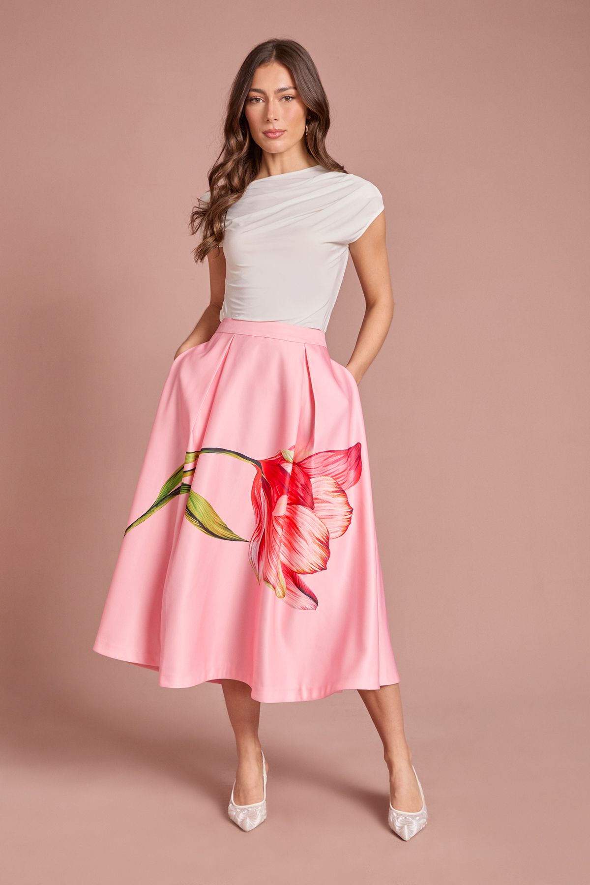 Coast Satin Midi Skirt With Placement Print Pink