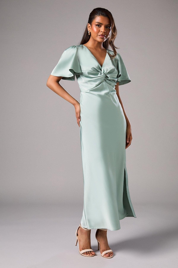 Oasis Petite Satin Twist Angel Sleeve Midi Bridesmaids Dress Sage