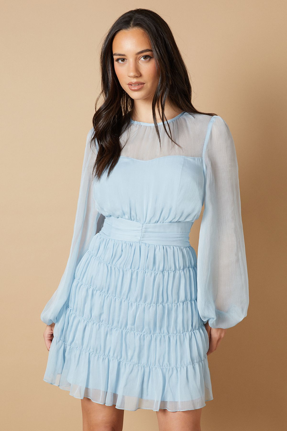 Oasis Ruched Waist Mesh Insert Mini Dress Blue image 2