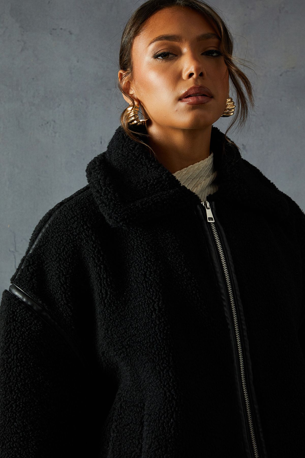 MissPap Teddy Faux Fur Aviator Jacket Black image 2