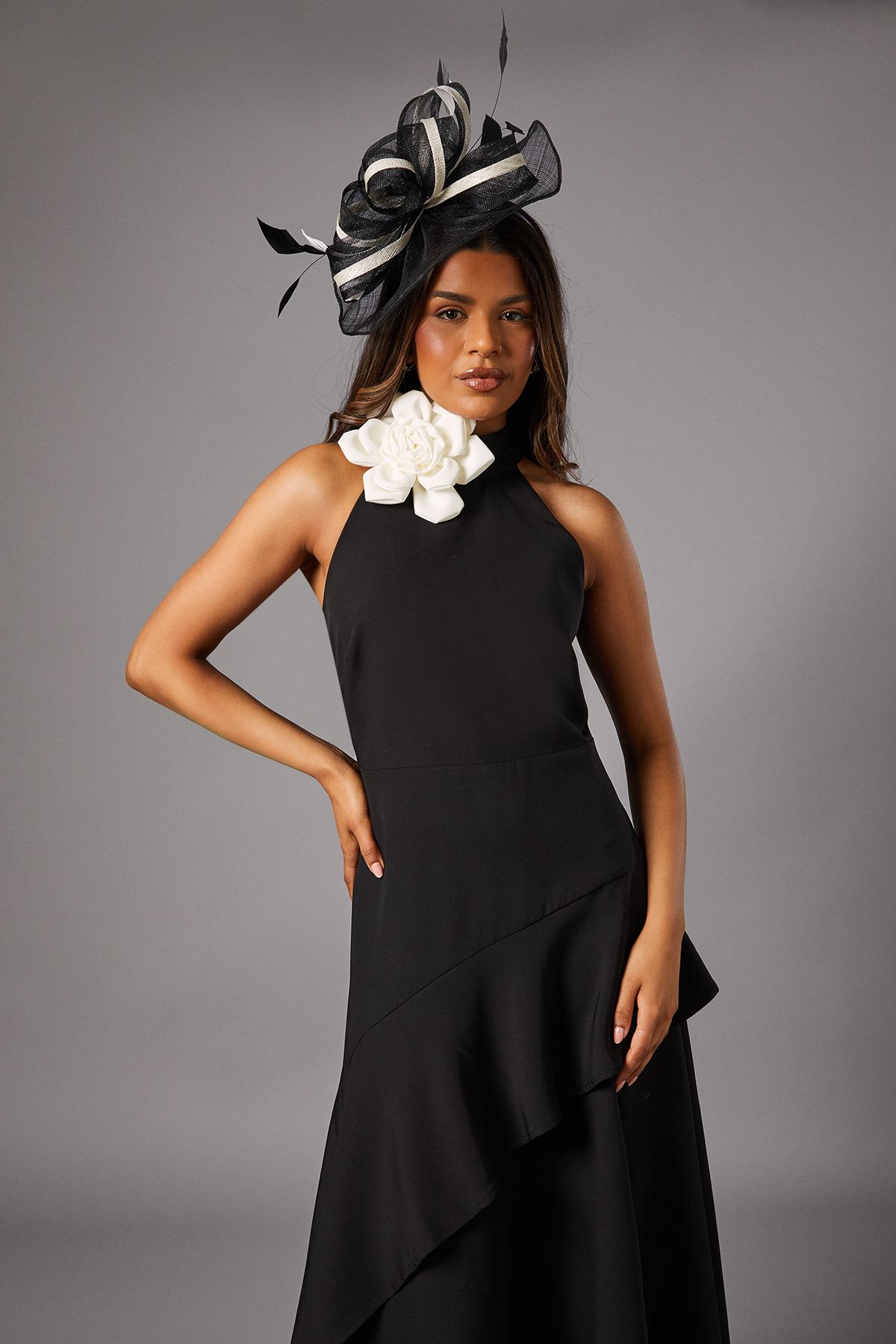 Coast Petite High Neck Corsage Detail Midi Dress Mono image 2