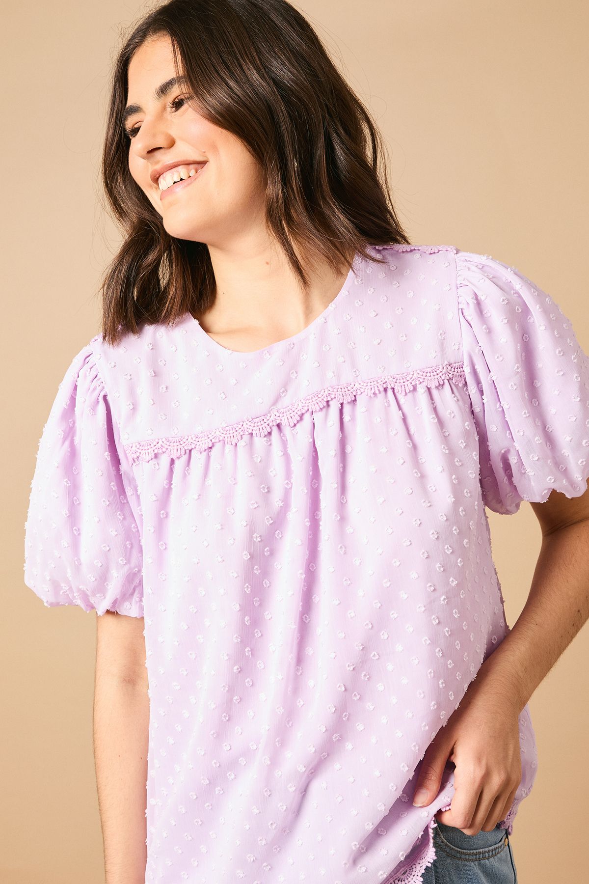 Oasis Lace Trim Puff Sleeve Blouse Purple image 3