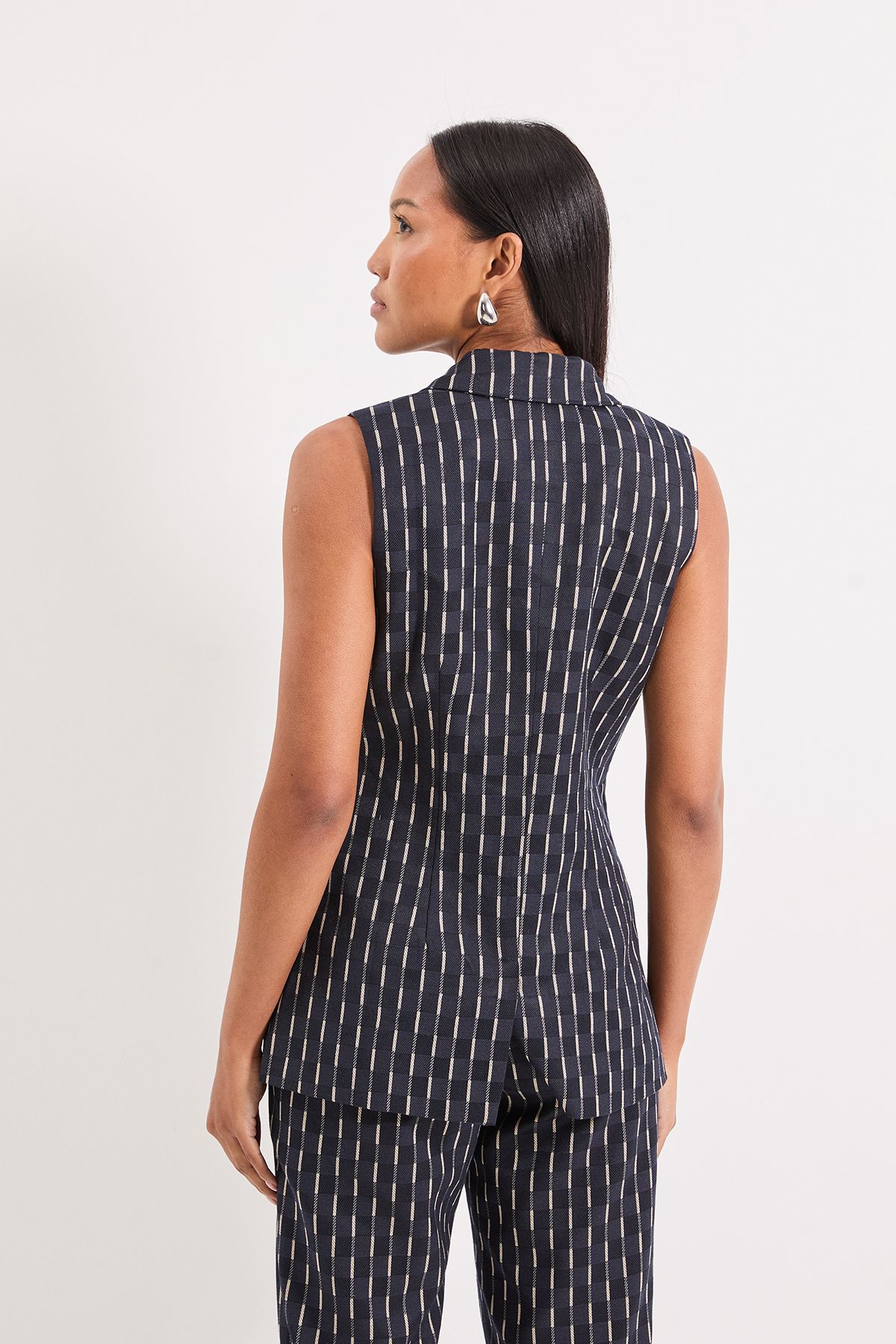 Principles Navy Check Detail Collared Button Front Waistcoat Navy image 3