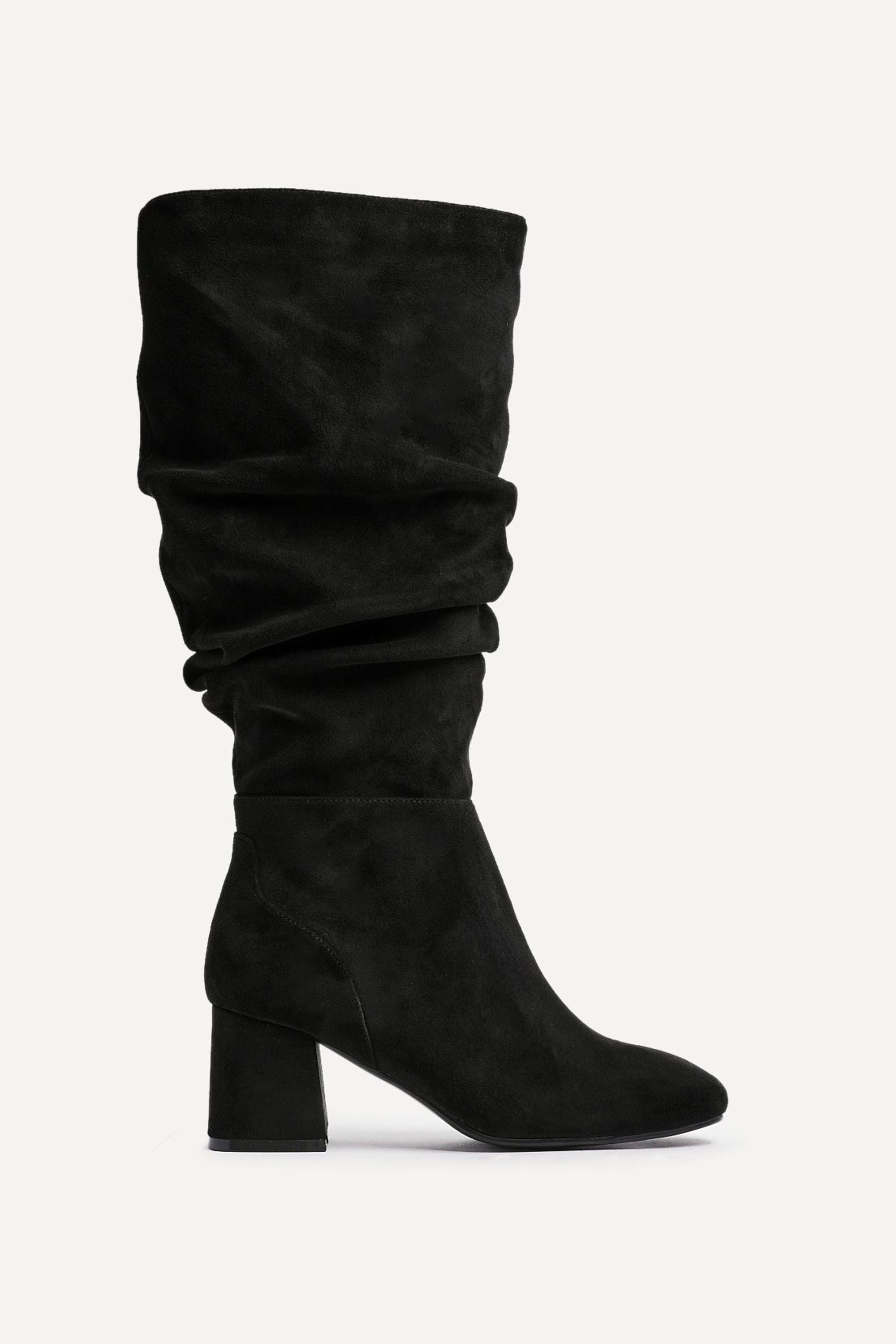 Linzi Inferno Wide Fit Black Faux Suede Ruched Long Heeled Boot