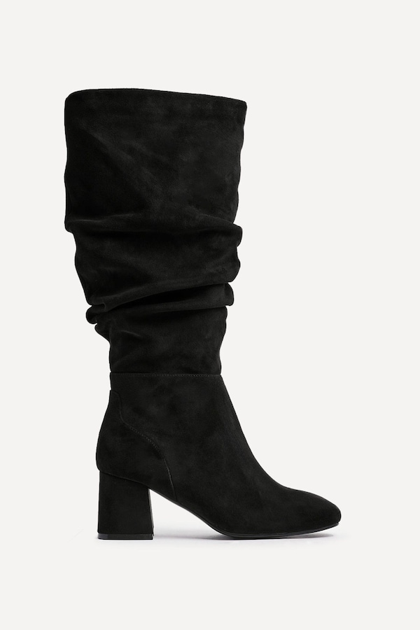 Linzi Inferno Wide Fit Black Faux Suede Ruched Long Heeled Boot