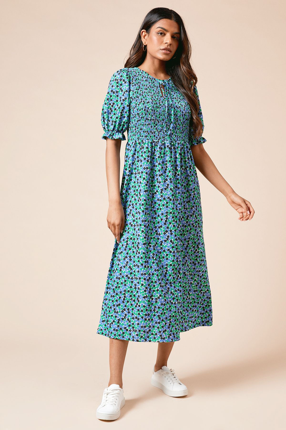 Dorothy Perkins Petite Floral Puff Sleeve Shirred Bodice Jersey Midi Dress Floral
