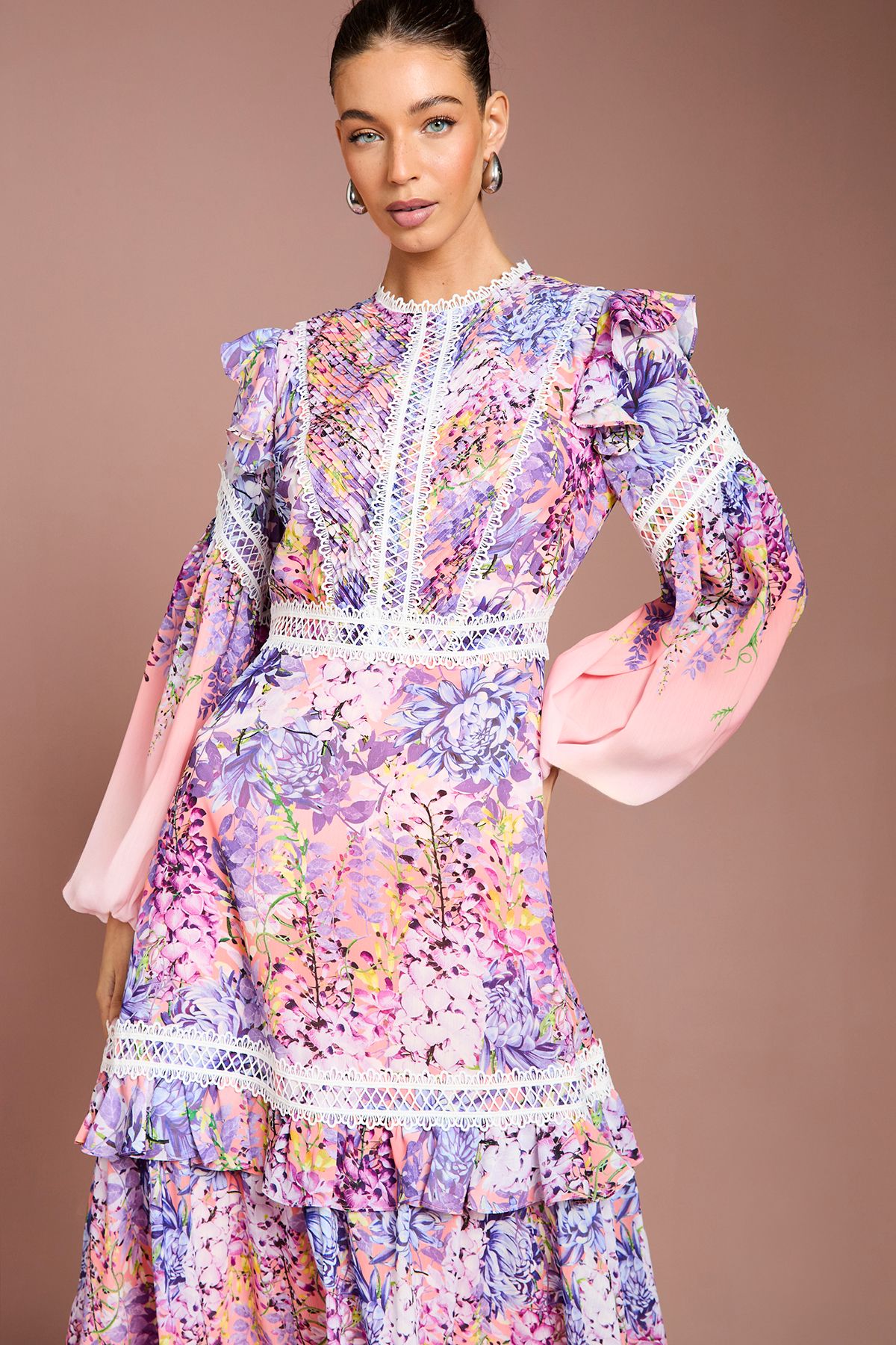 Coast Placement Print Lace Frill Detail Maxi Dress Pink image 2