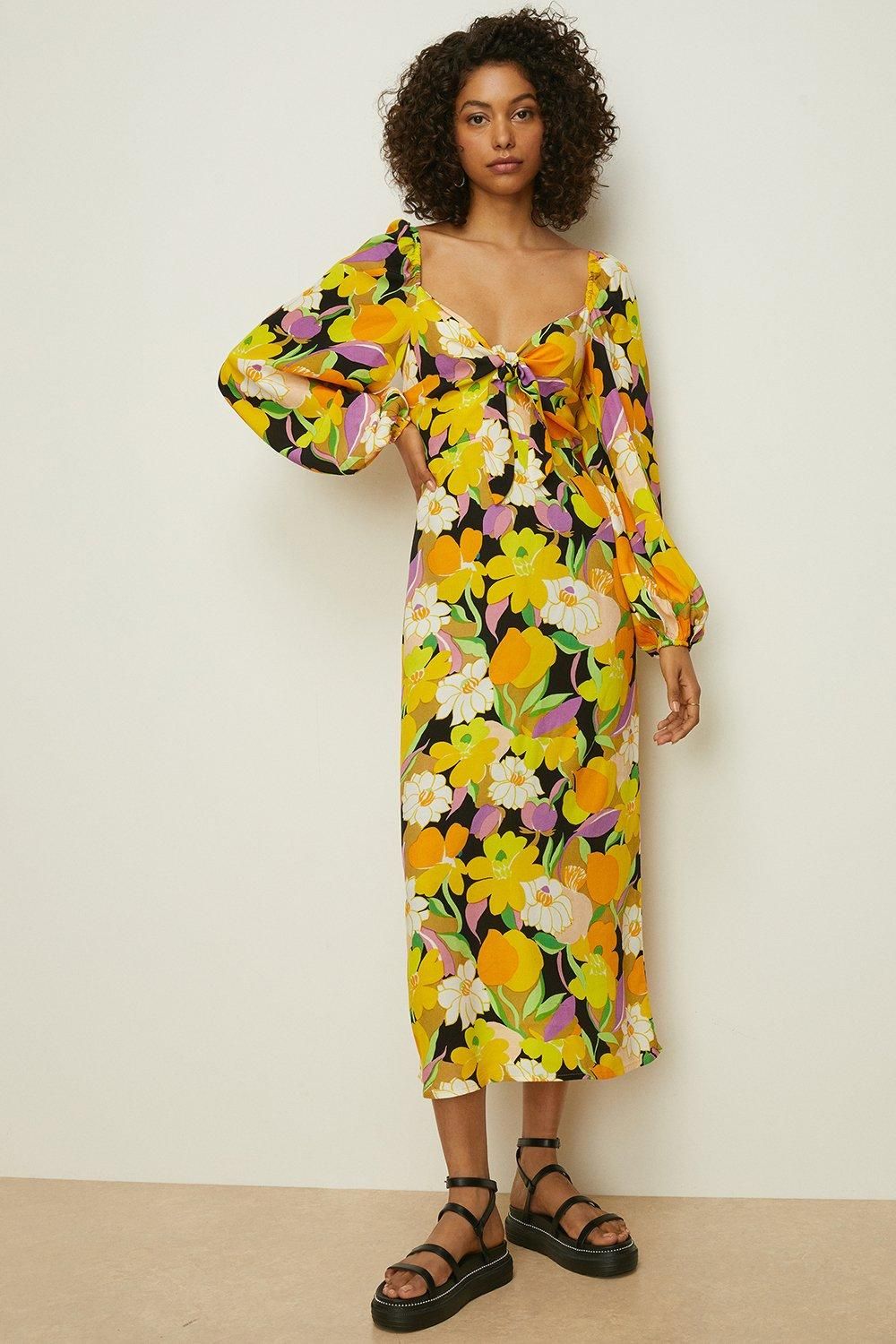 Oasis Petite Graphic Floral Tie Front Midi Dress Yellow