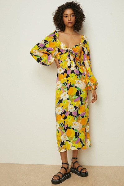 Oasis Petite Graphic Floral Tie Front Midi Dress Yellow