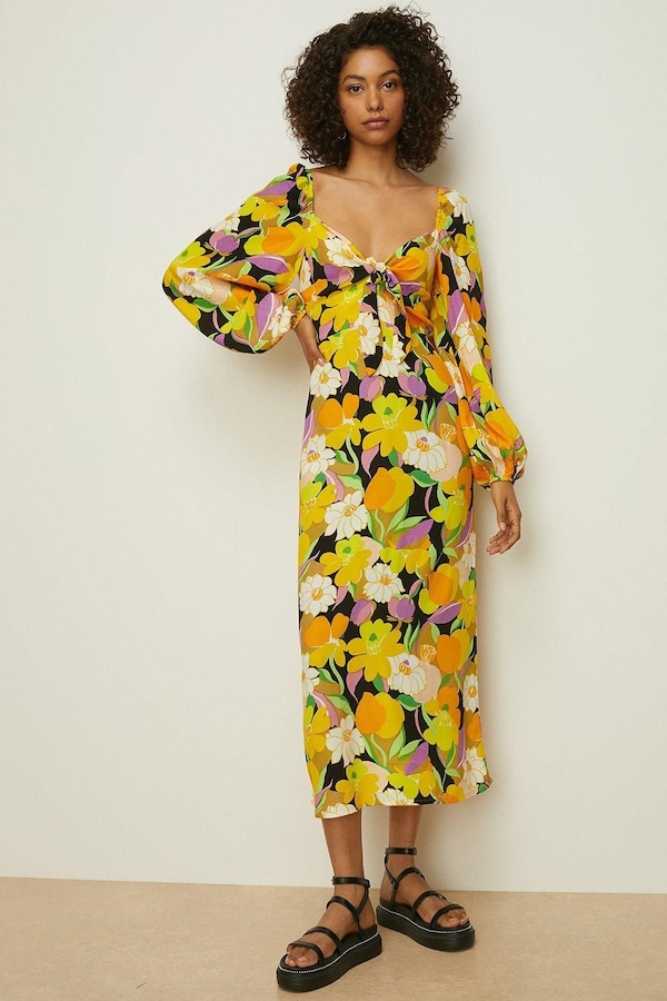 Oasis Petite Graphic Floral Tie Front Midi Dress Yellow