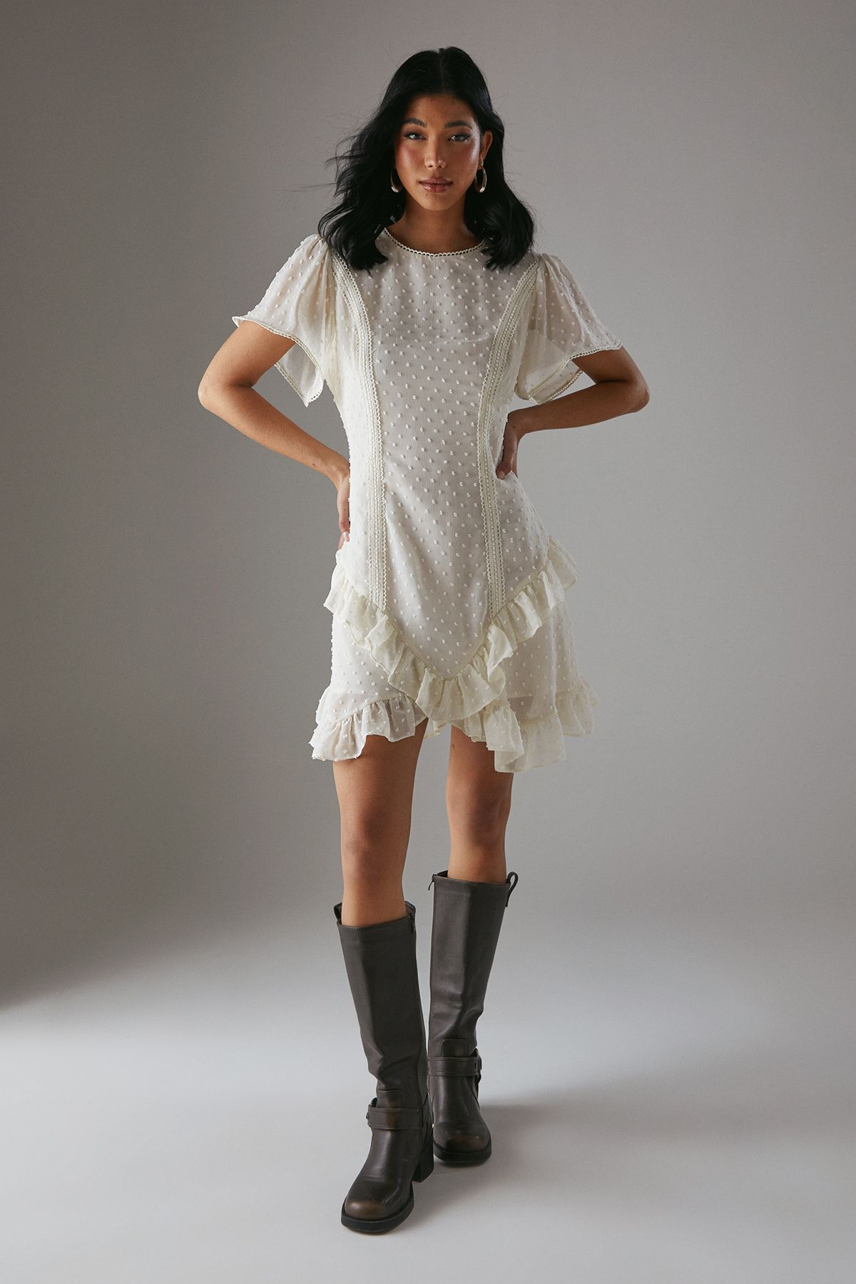 Warehouse HCD Dobby Chiffon Lace Trim Ruffle Mini Dress Cream image 2