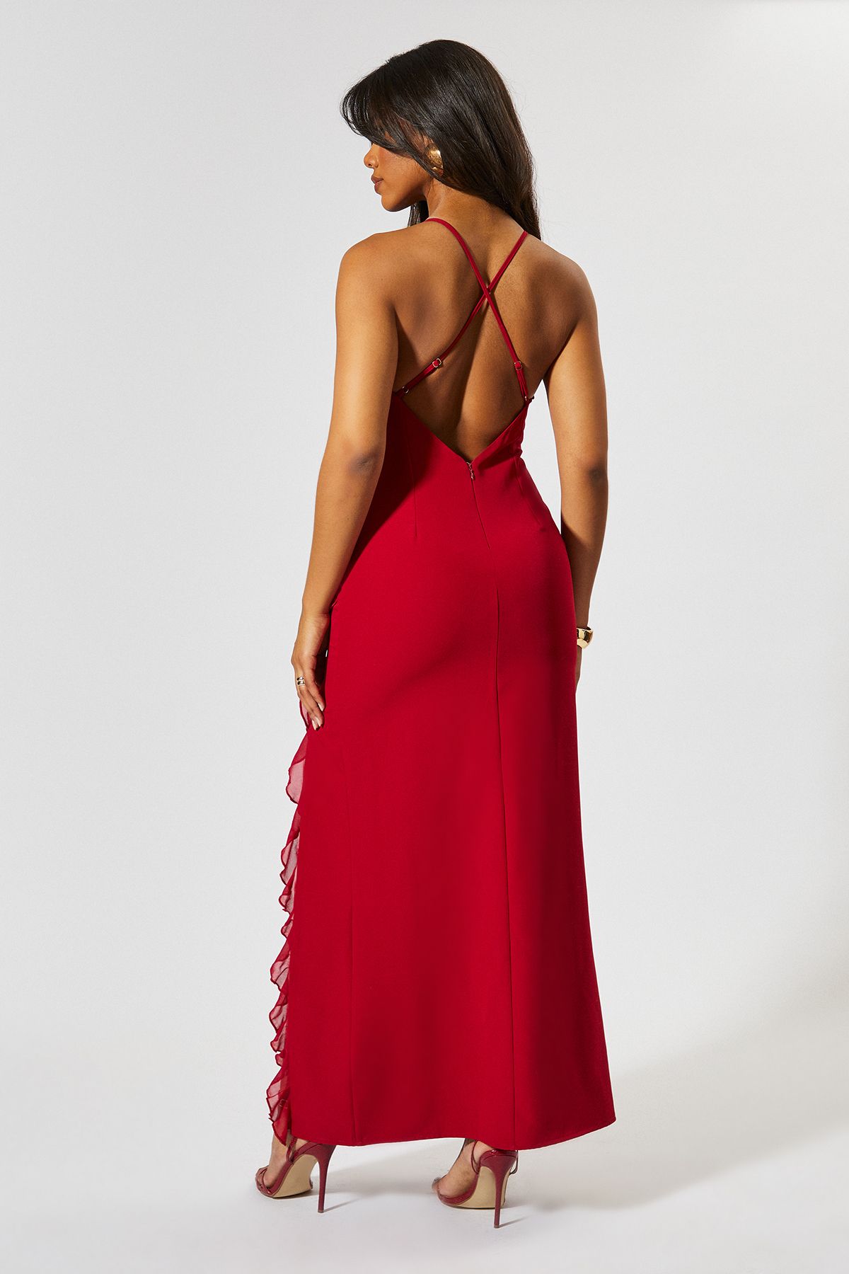 MissPap Square Neck Frill Low Back Maxi Dress Red image 4