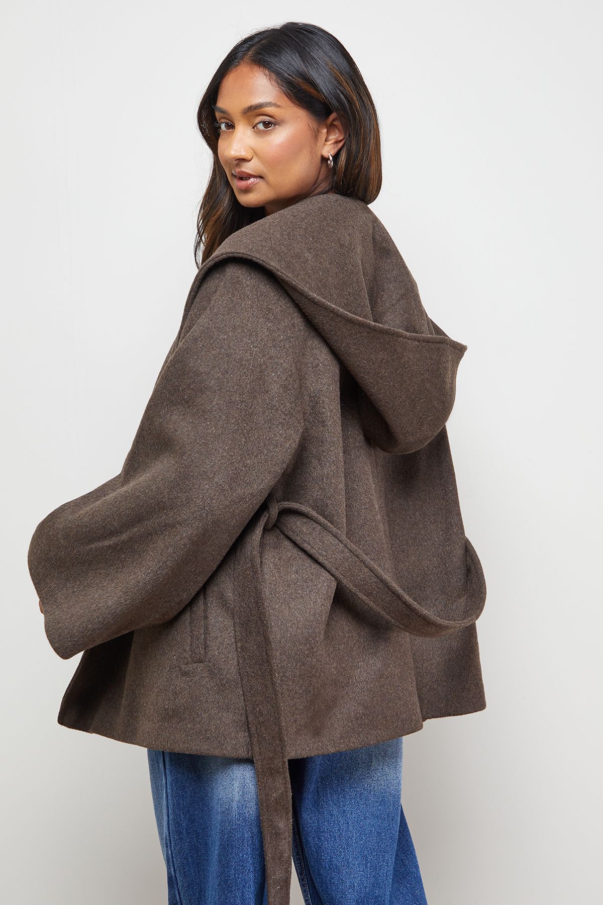 Oasis Hooded Cropped Belted Coat Chocolate image 3