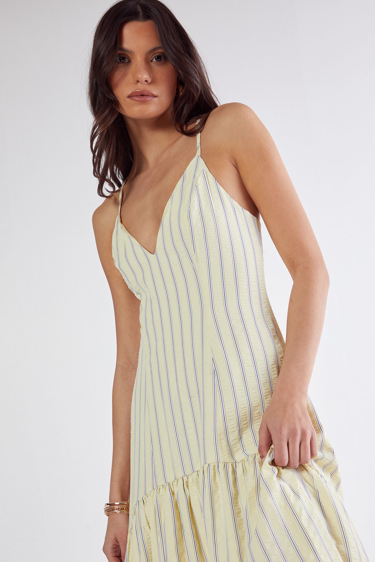 NastyGal Textured Stripe Dipped Hem Maxi Dress Lemon image 3