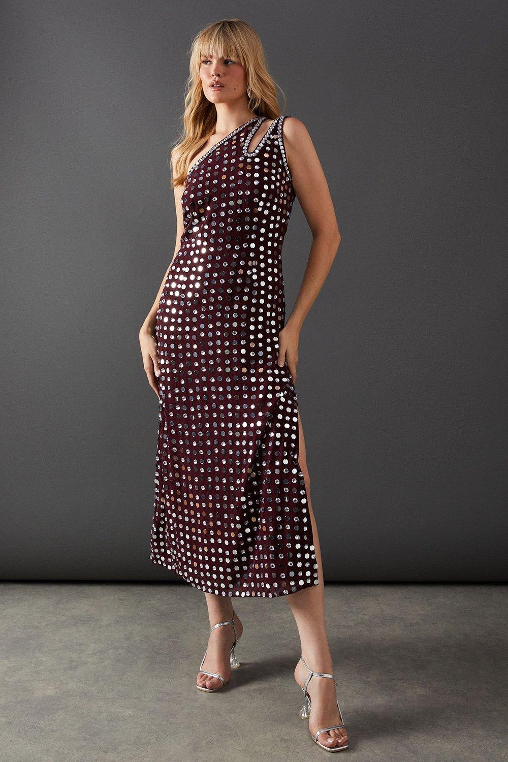 Warehouse Premium Hand Embellished Sequin One Shoulder Midi Dress image 4