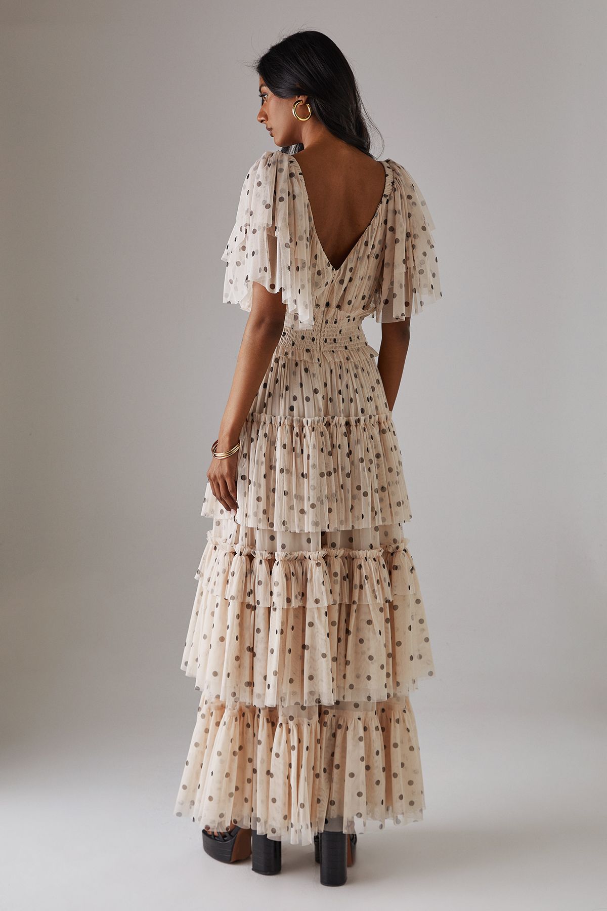 Warehouse Tulle Spot Plunge Neck Flutter Sleeve Tier Maxi Dress Cream image 3