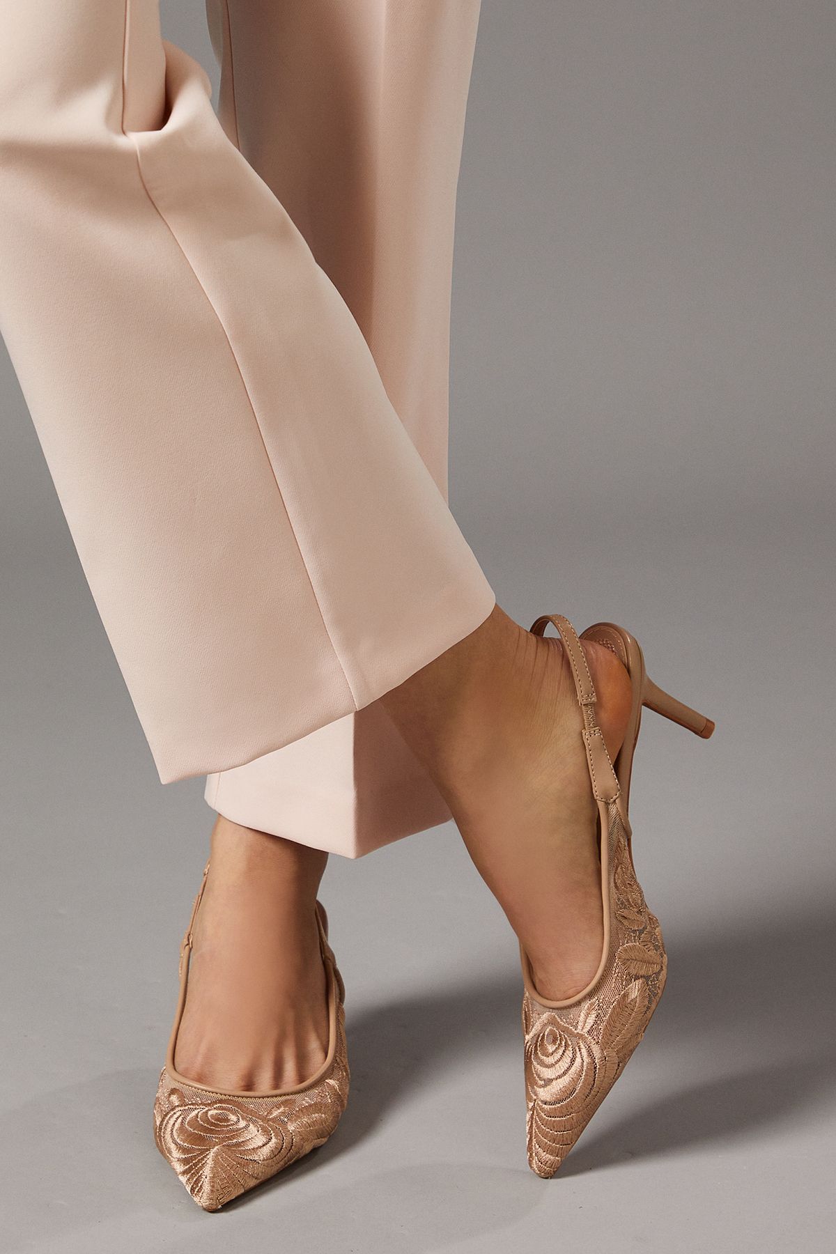 Coast Pattie Embroidered Sheer Medium Heel Slingback Court Shoes Beige image 1