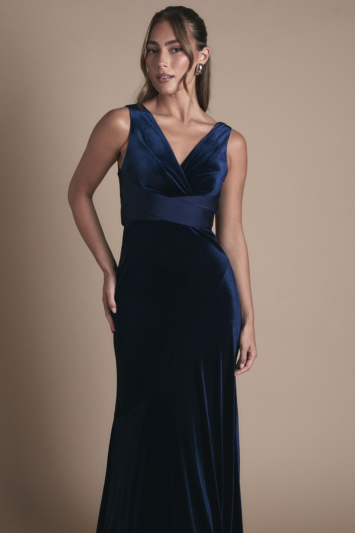 Coast Velvet V Neck Fishtail Maxi Bridesmaid Dress Navy image 3