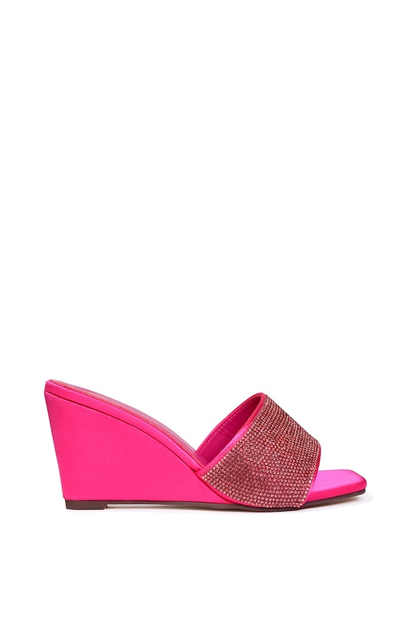 XY London 'Eliza' Slip On Mule Diamante Sandal Wedge Heels With Square Toe