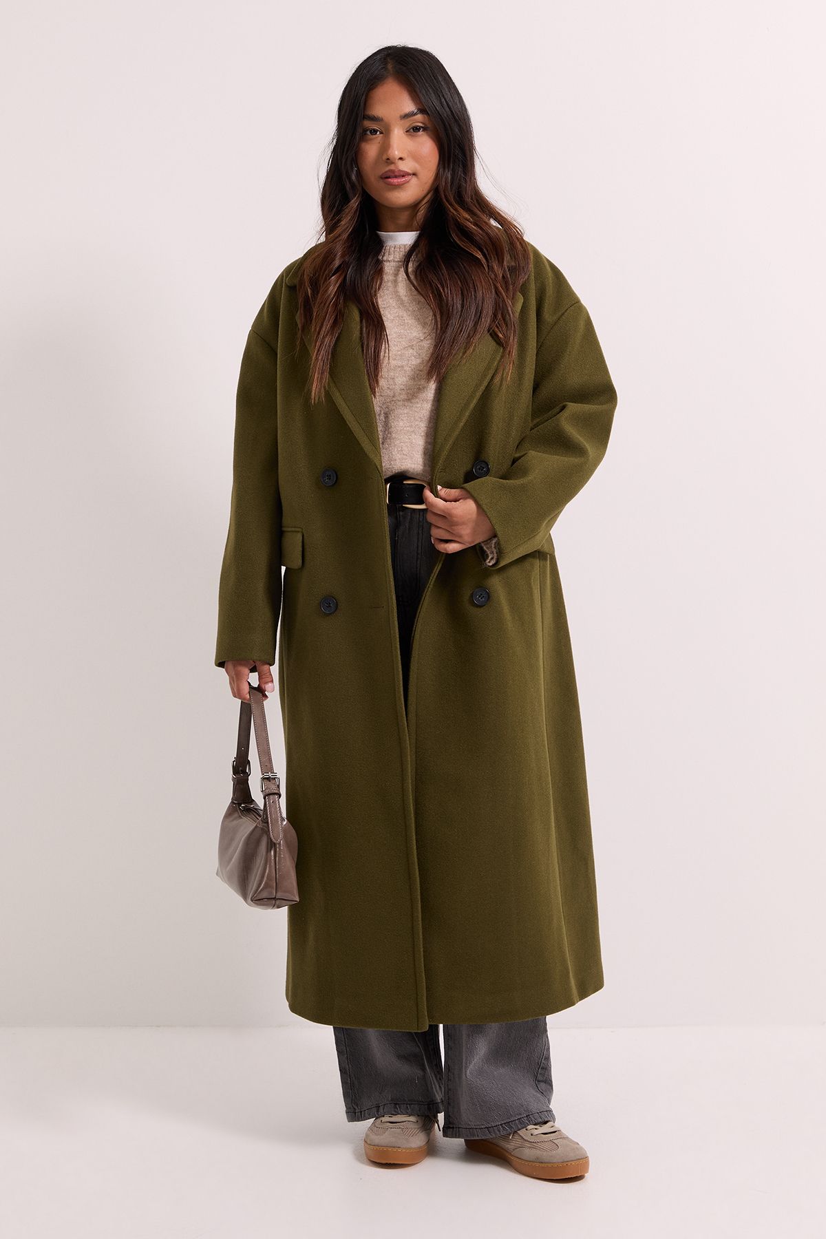 Dorothy Perkins Petite Relaxed Buttoned Midi Coat Khaki image 1