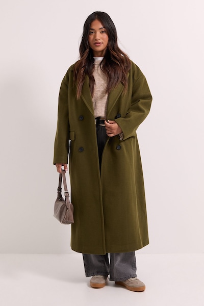 Dorothy Perkins Petite Relaxed Buttoned Midi Coat Khaki