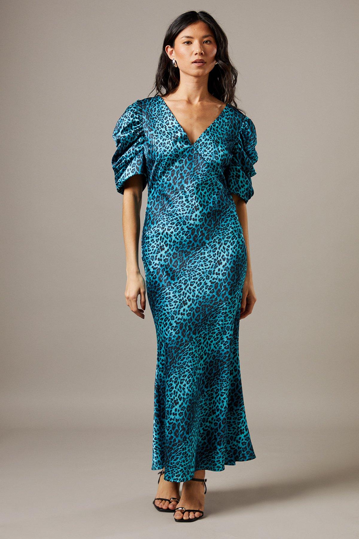 Warehouse Satin Pleat Volume Sleeve Plunge Bias Midi Dress Animal
