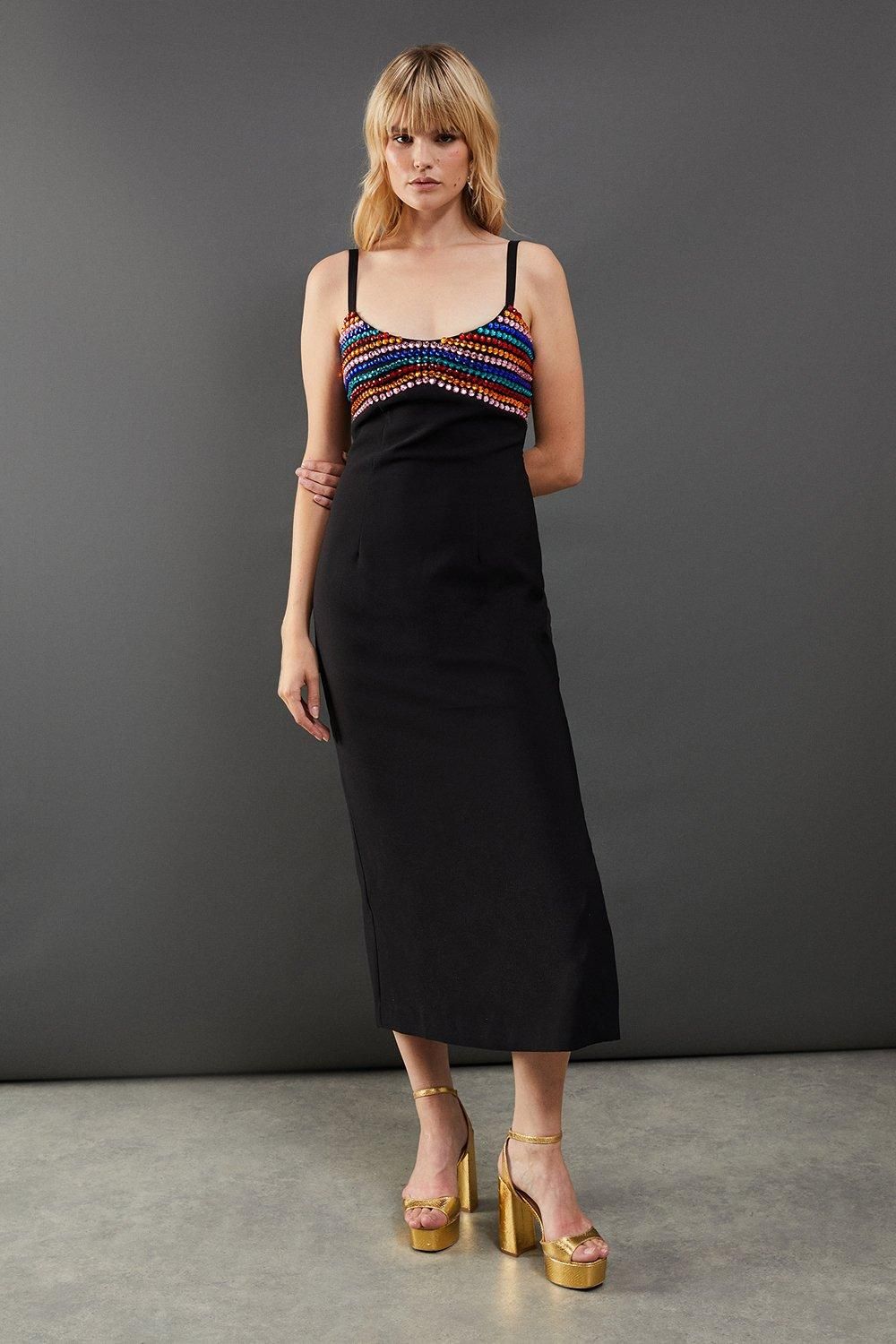 Warehouse Embellished Sequin Cup Square Neck Fitted Midi Dress Black image 1