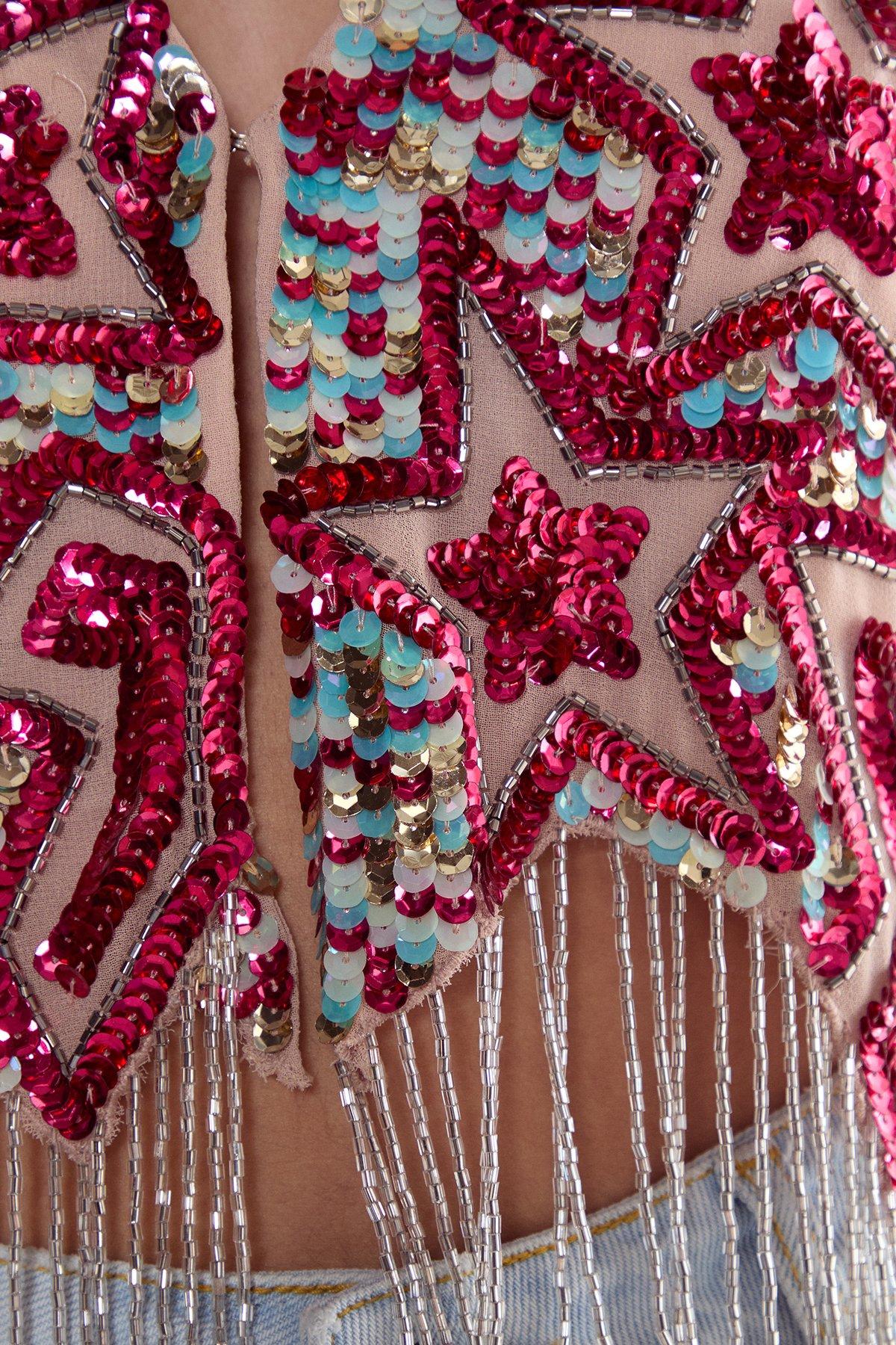 NastyGal Sequin Star Lightening Bolt Tassel Vest Turquoise image 5