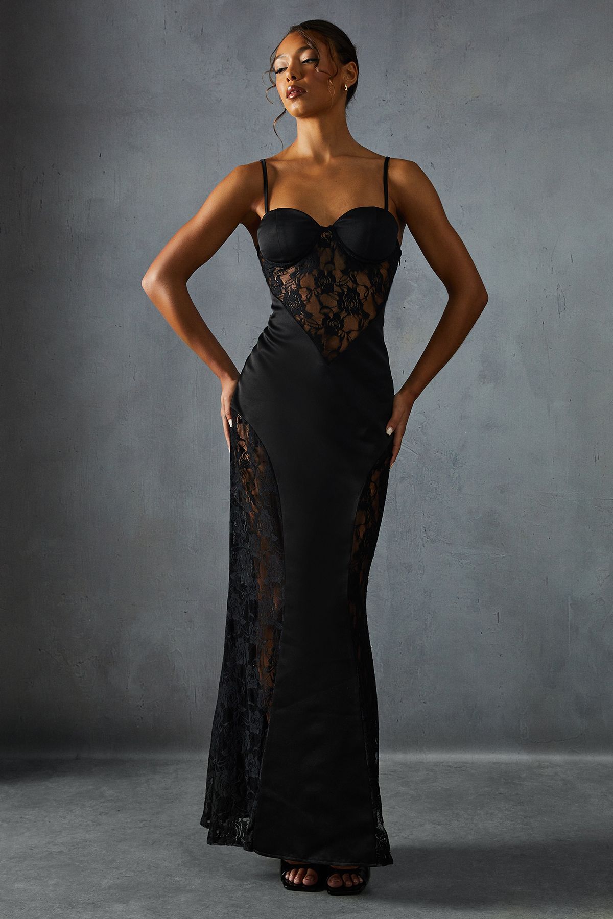 MissPap Lace Insert Cupped Strappy Maxi Dress Black image 1