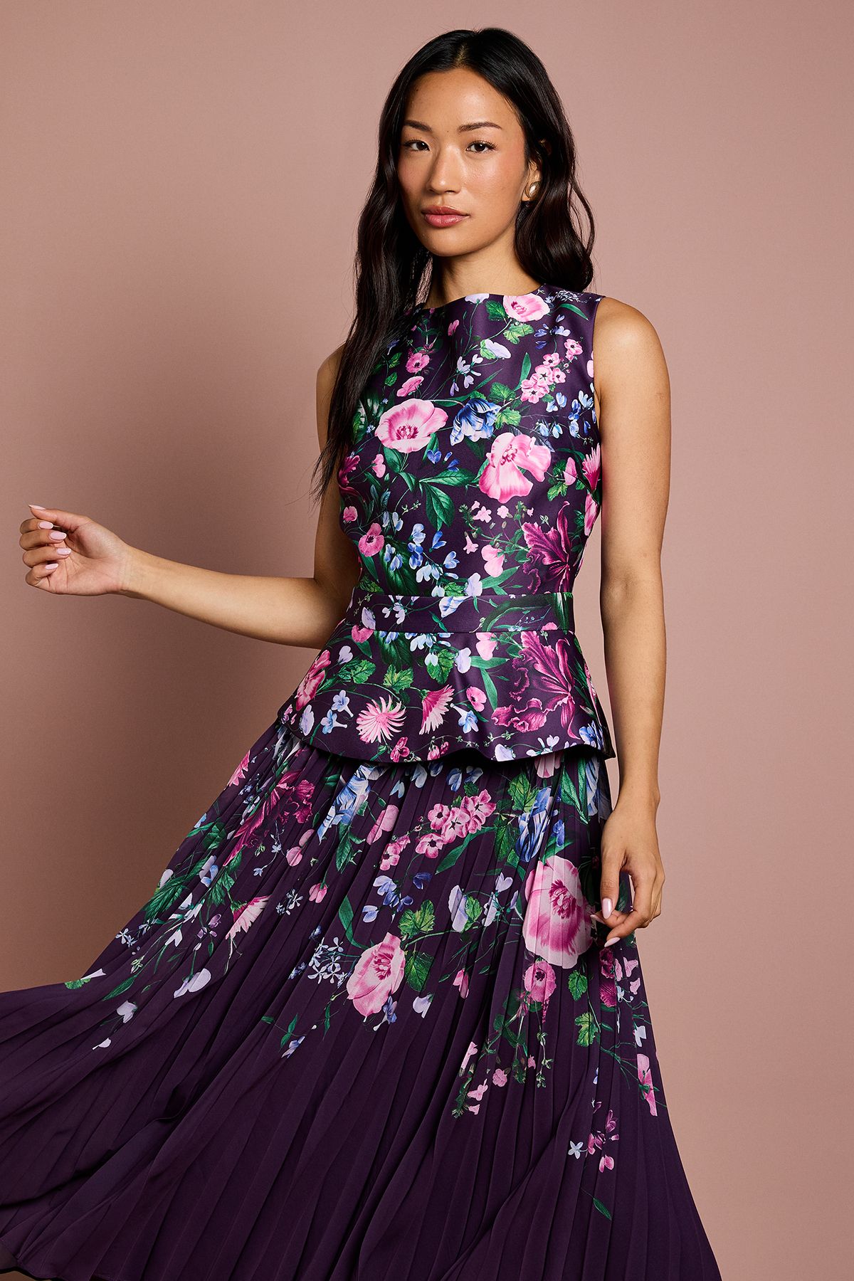 Coast Structured Satin Placement Print Pleated Skirt Midi Dress Berry image 2