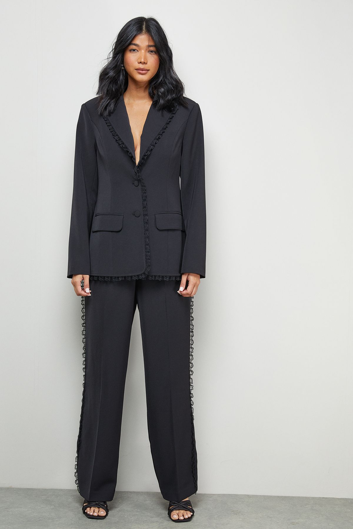 Warehouse Lace Frill Trim Wide Leg Trouser Black image 2