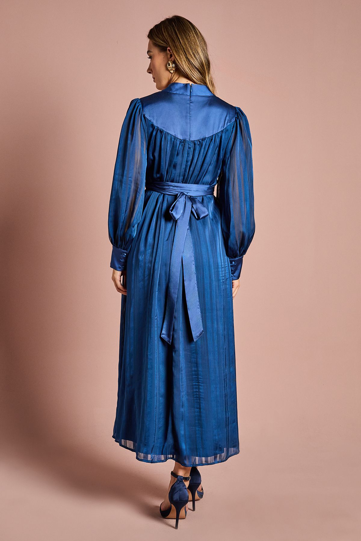 Coast Long Sleeve Stripe Jacquard Maxi V Neck Dress Navy image 3