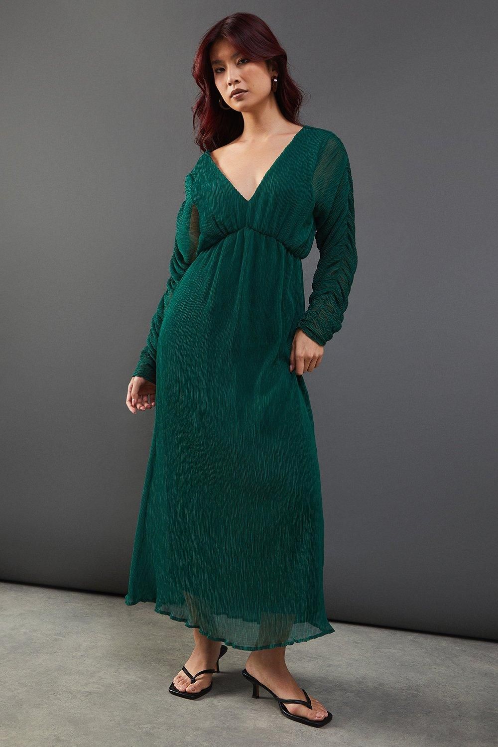 Warehouse Micro Pleat Batwing Midi Dress Green image 1