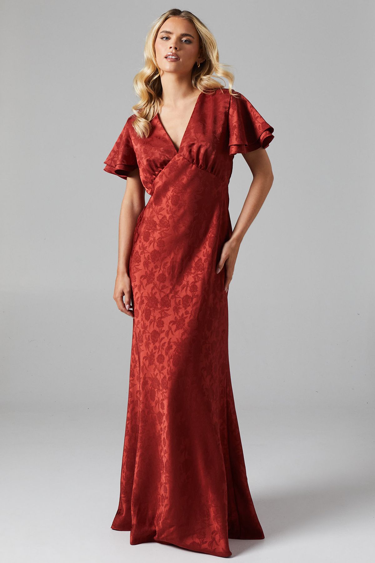 Oasis Petite V Neck Angel Sleeve Satin Jacquard Bridesmaid Dress Rust image 1