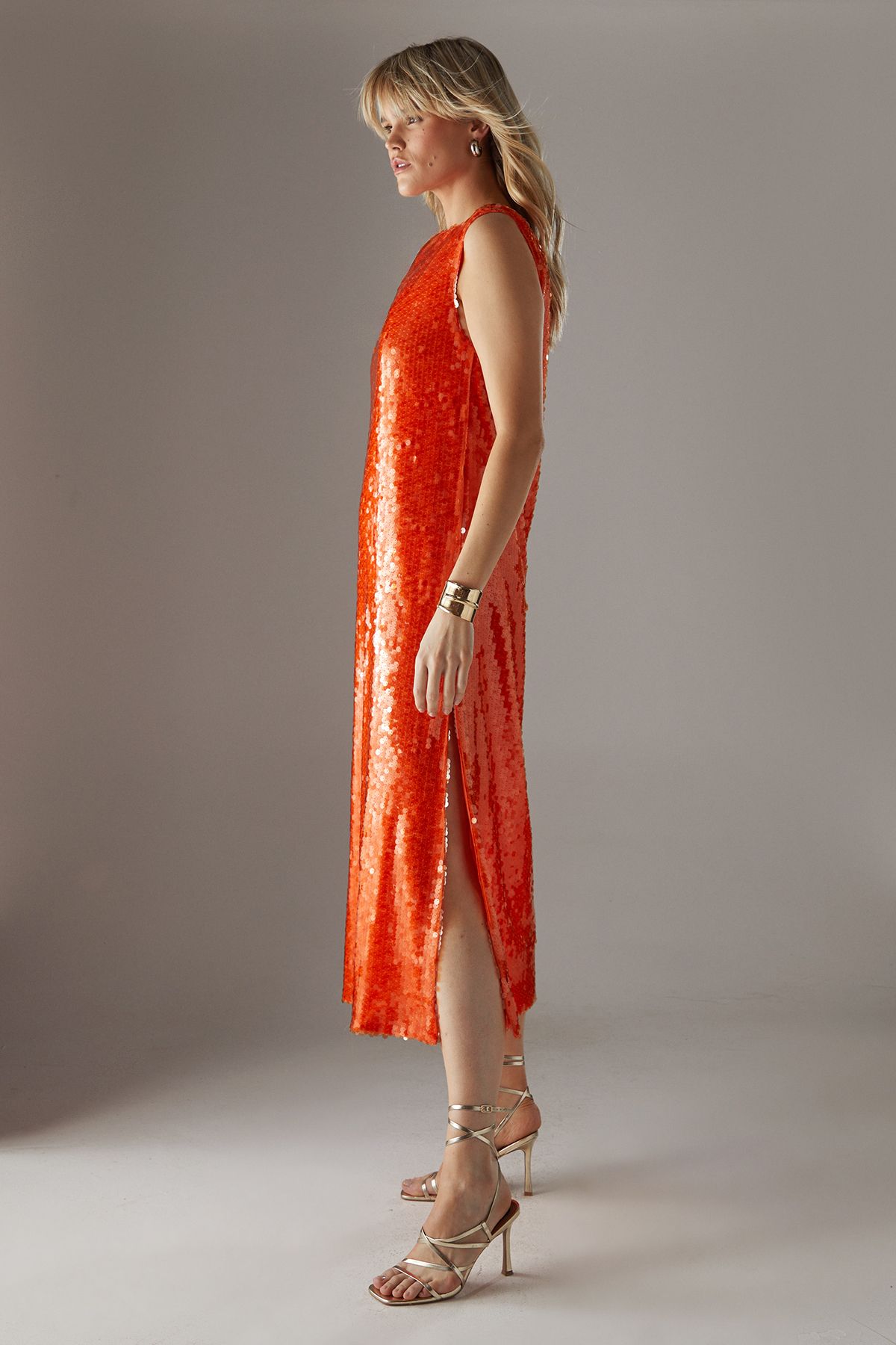 Warehouse Sequin Shoulder Pad Sleeveless Column Midi Dress Mango image 2