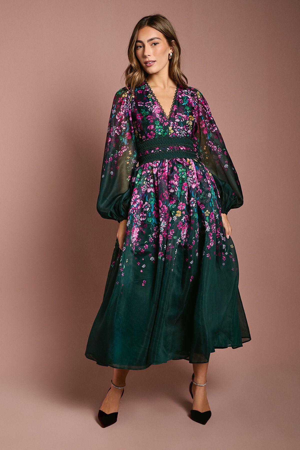 Coast Organza Floral Placement Lace Trim Midaxi Dress Forest image 1