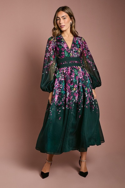 Coast Organza Floral Placement Lace Trim Midaxi Dress Forest