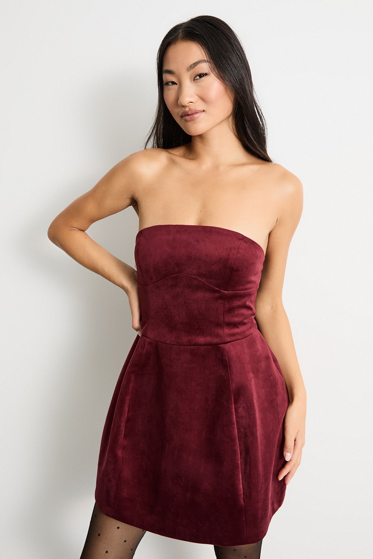 Warehouse Petite Bonded Velvet Mini Bustier Dress Burgundy image 1