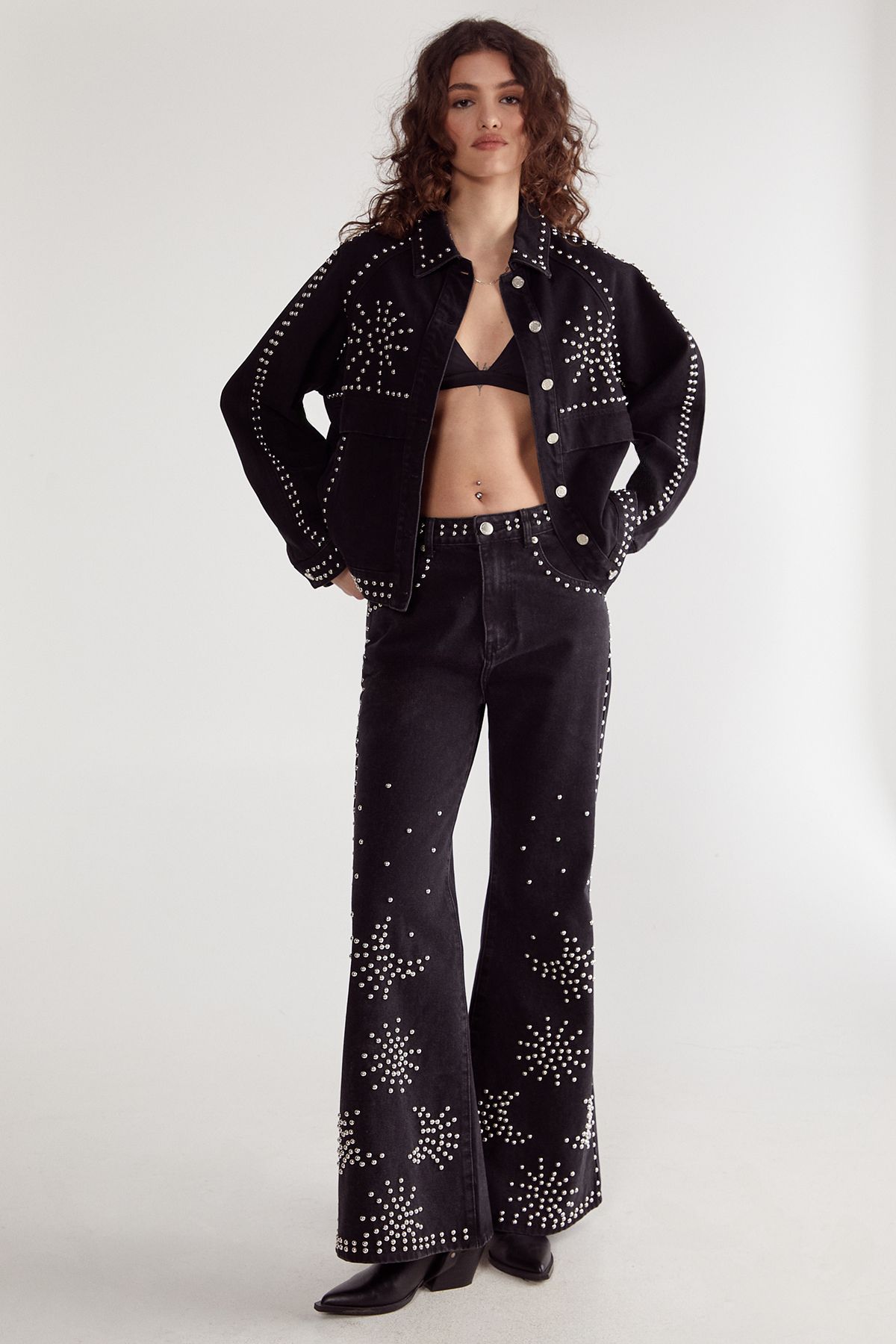 NastyGal Western Studded Denim Jacket Black image 2