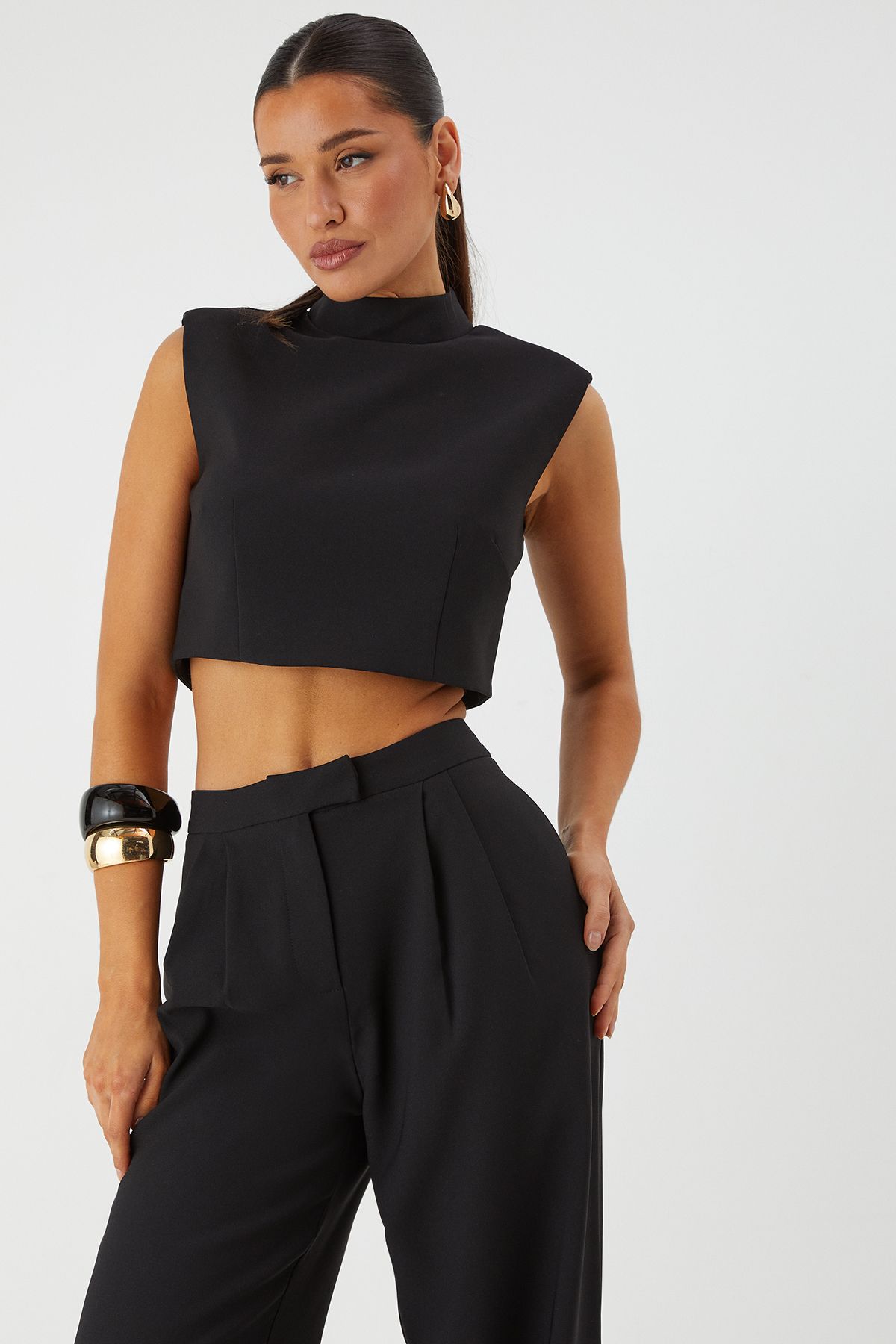MissPap Shoulder Pad Top and Tailored Trouser Co Ord Black image 2