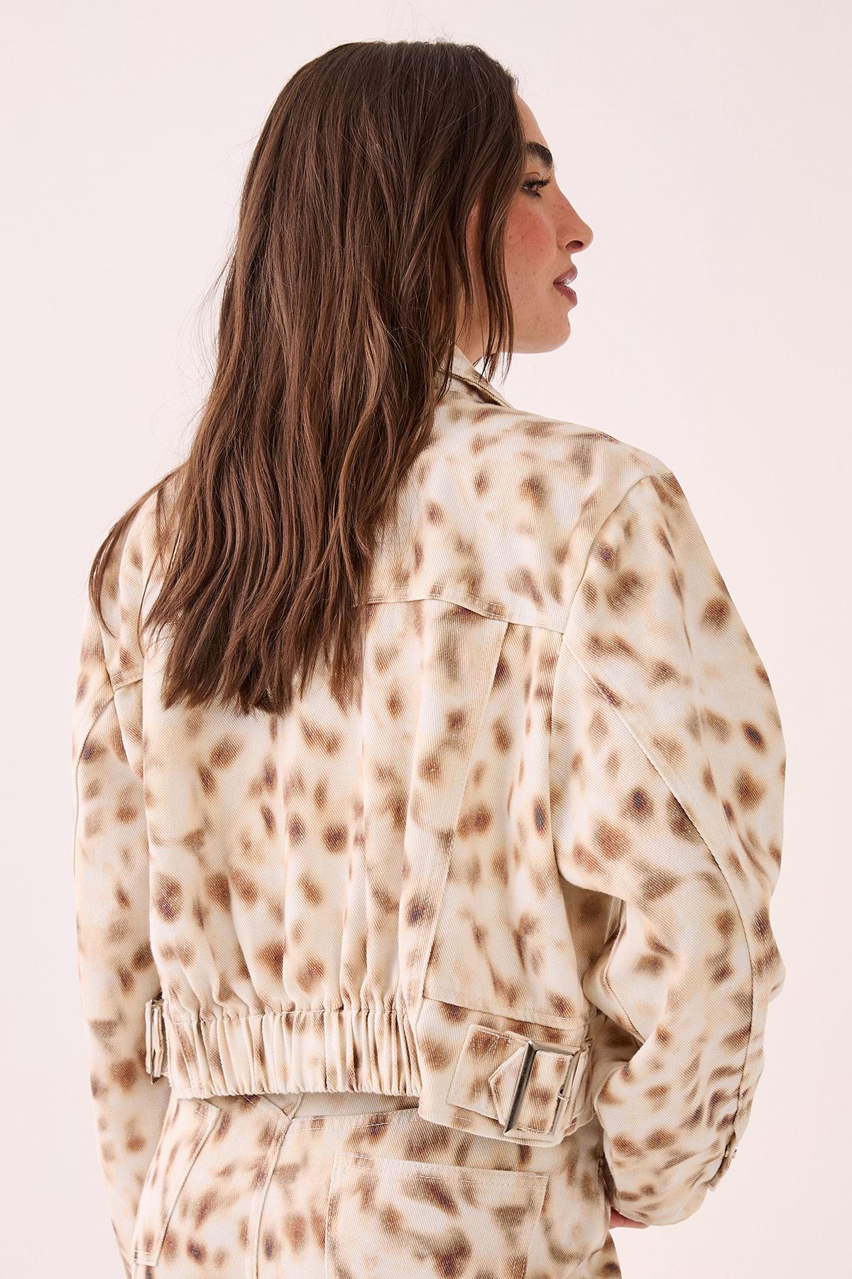NastyGal Deer Print Ovoid Cropped Denim Jacket Cream image 4
