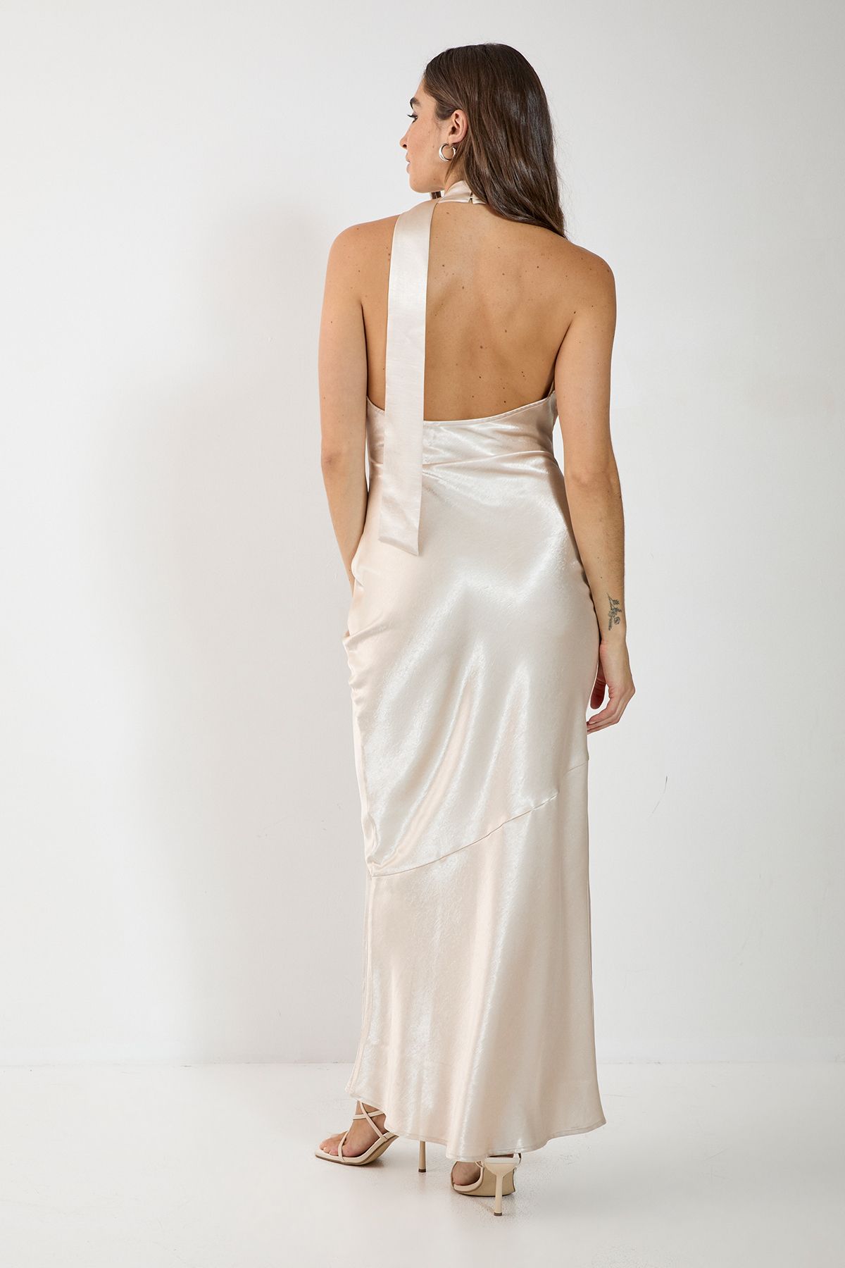 NastyGal Satin Wrap High Neck Cowl Front Maxi Dress Oyster image 4