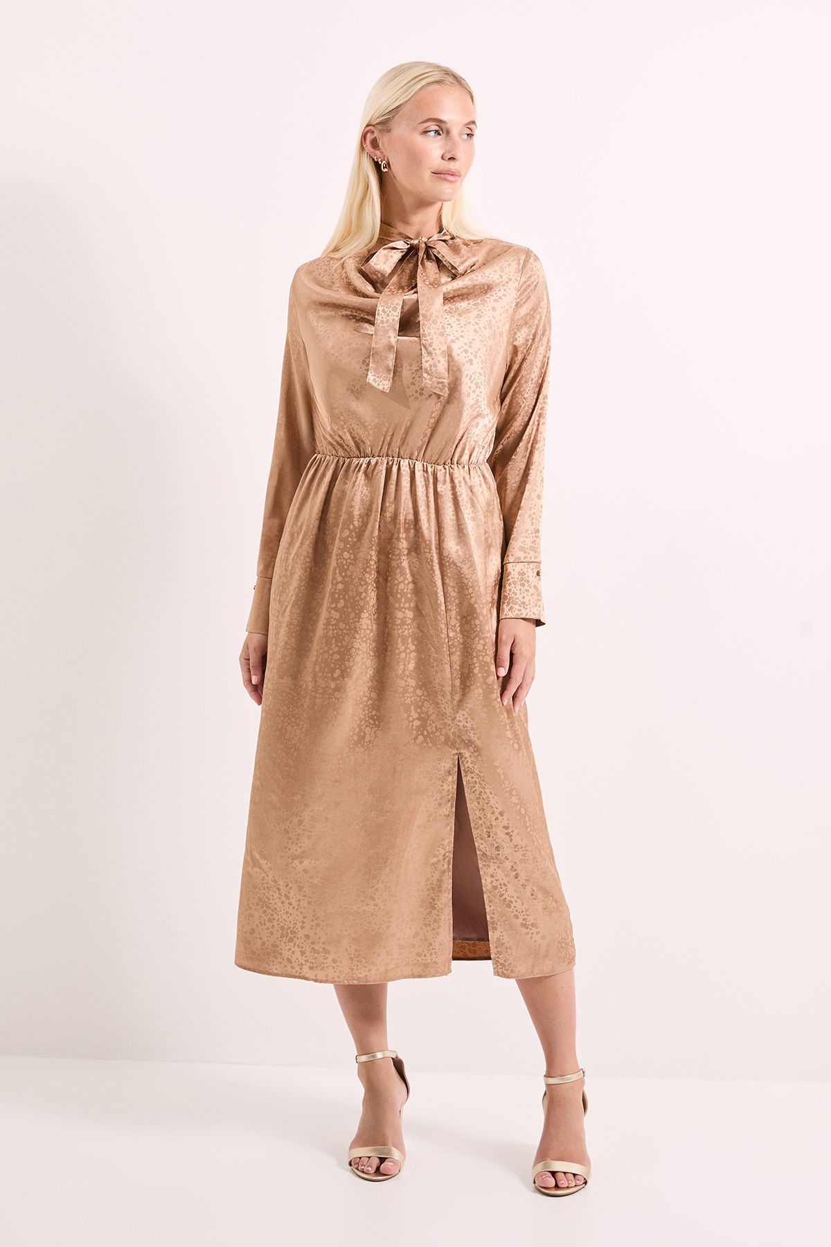 Principles Camel Cowl Tie Neck Satin Jacquard Midi Dress Camel image 1