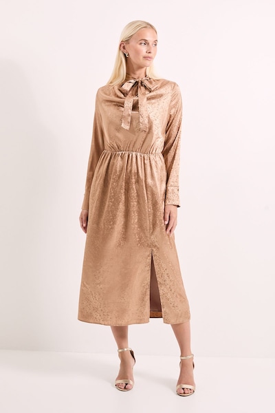 Principles Camel Cowl Tie Neck Satin Jacquard Midi Dress Camel