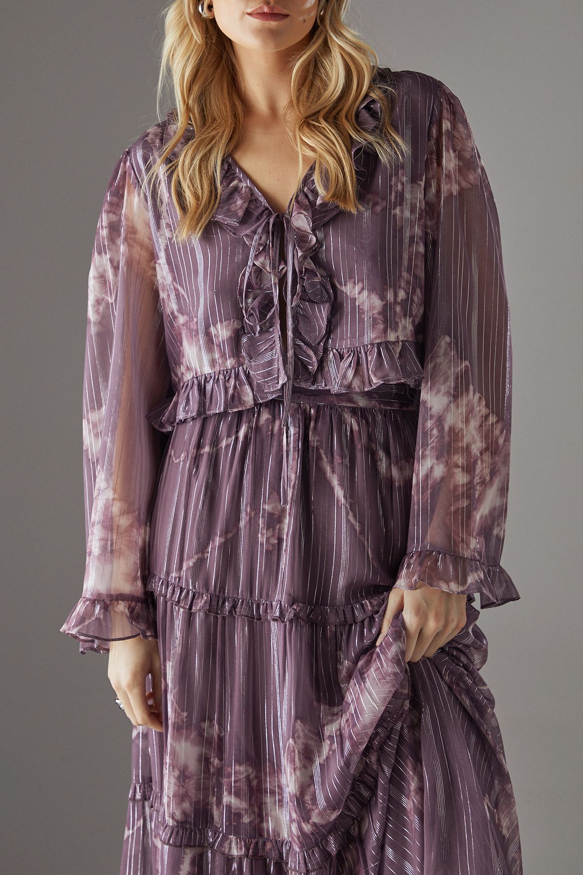 Warehouse Metallic Chiffon Tier Maxi Skirt Mauve image 3