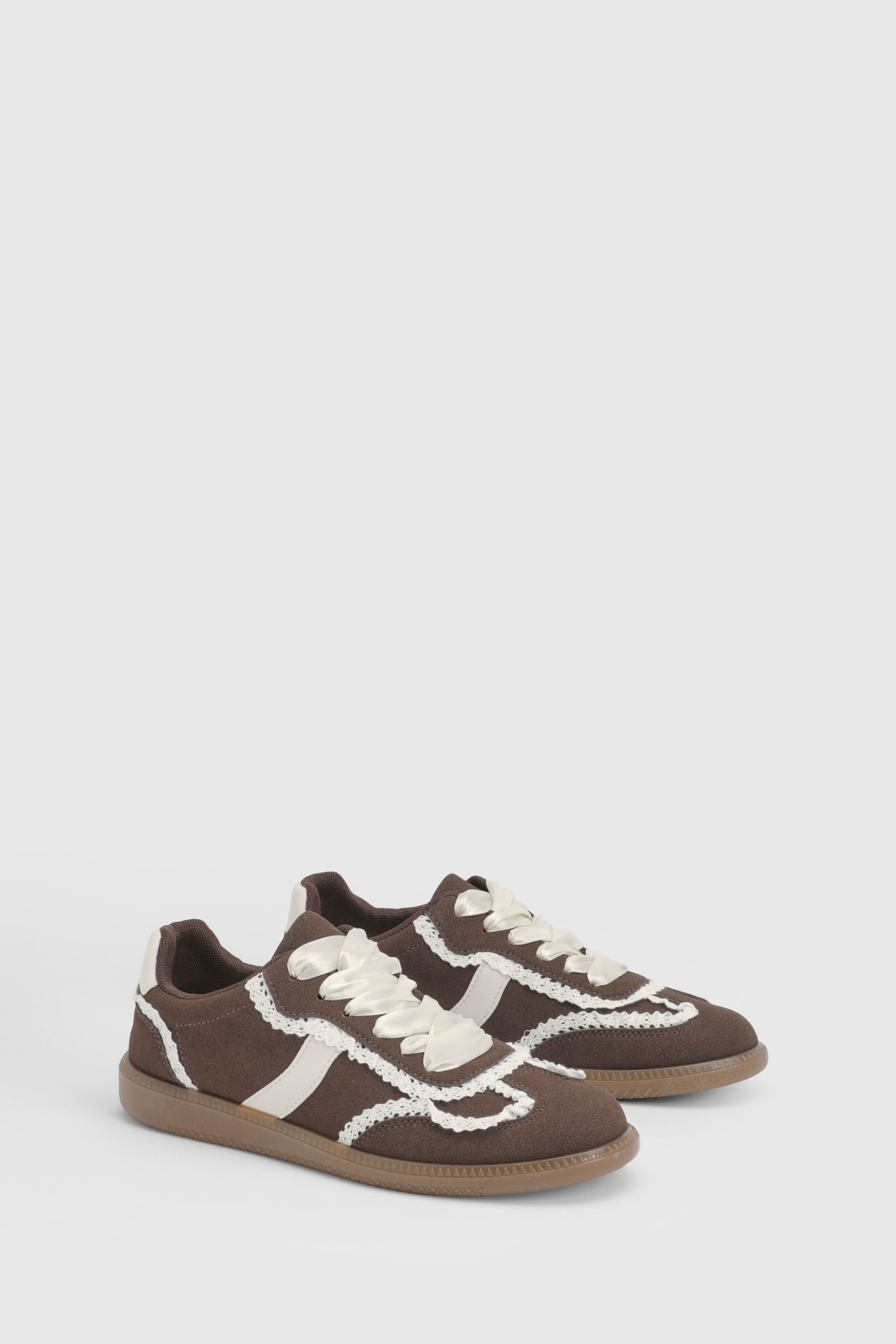 Oasis Tyler Faux Suede Lace Trim Detail Lace Up Trainers Chocolate