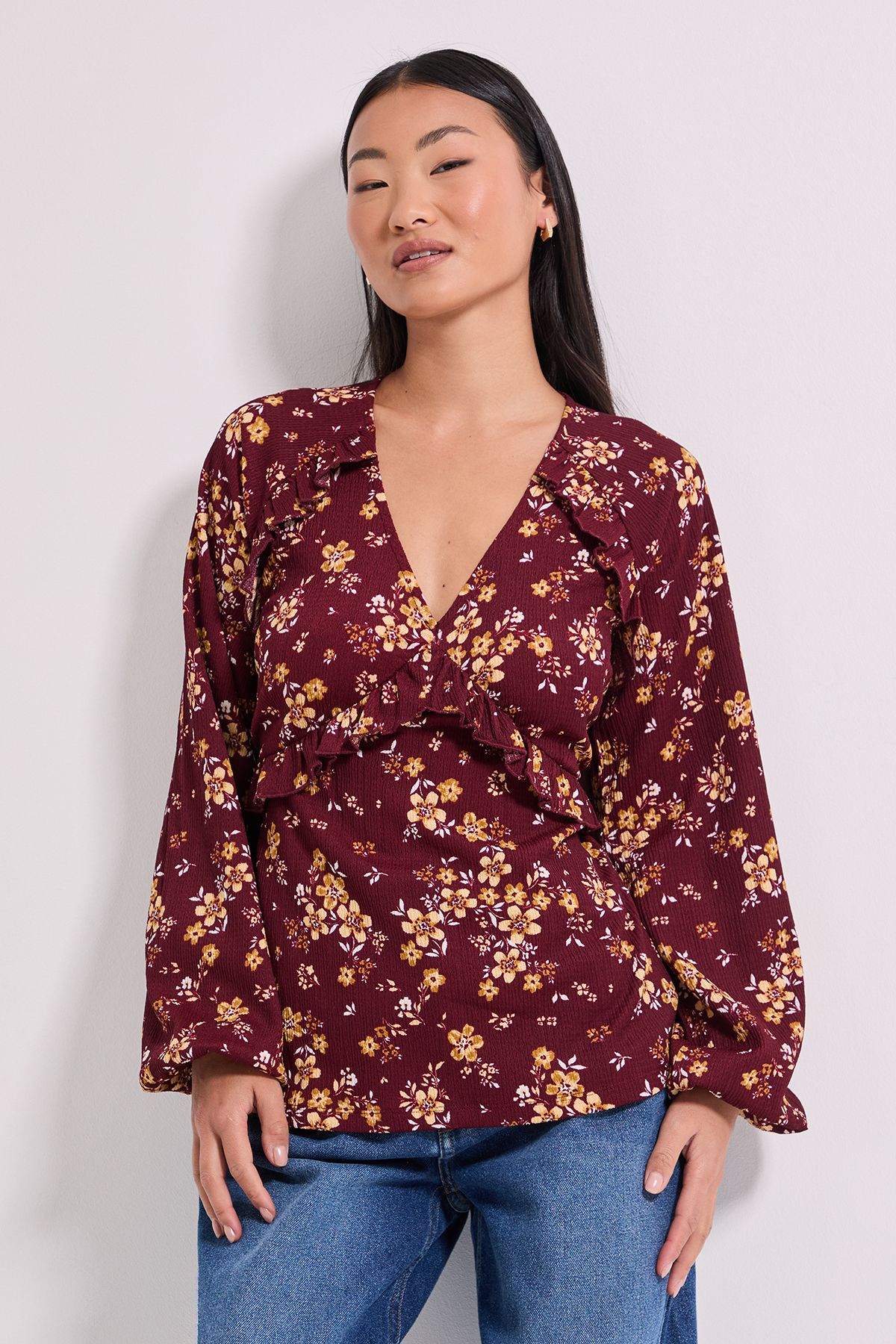 Dorothy Perkins Petite Yellow Floral Empire Seam Frill Detail Printed Jersey Top Yellow image 2