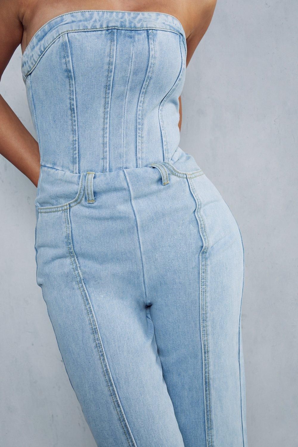 MissPap Bandeau Denim Wide Leg Jumpsuit Mid Wash image 6