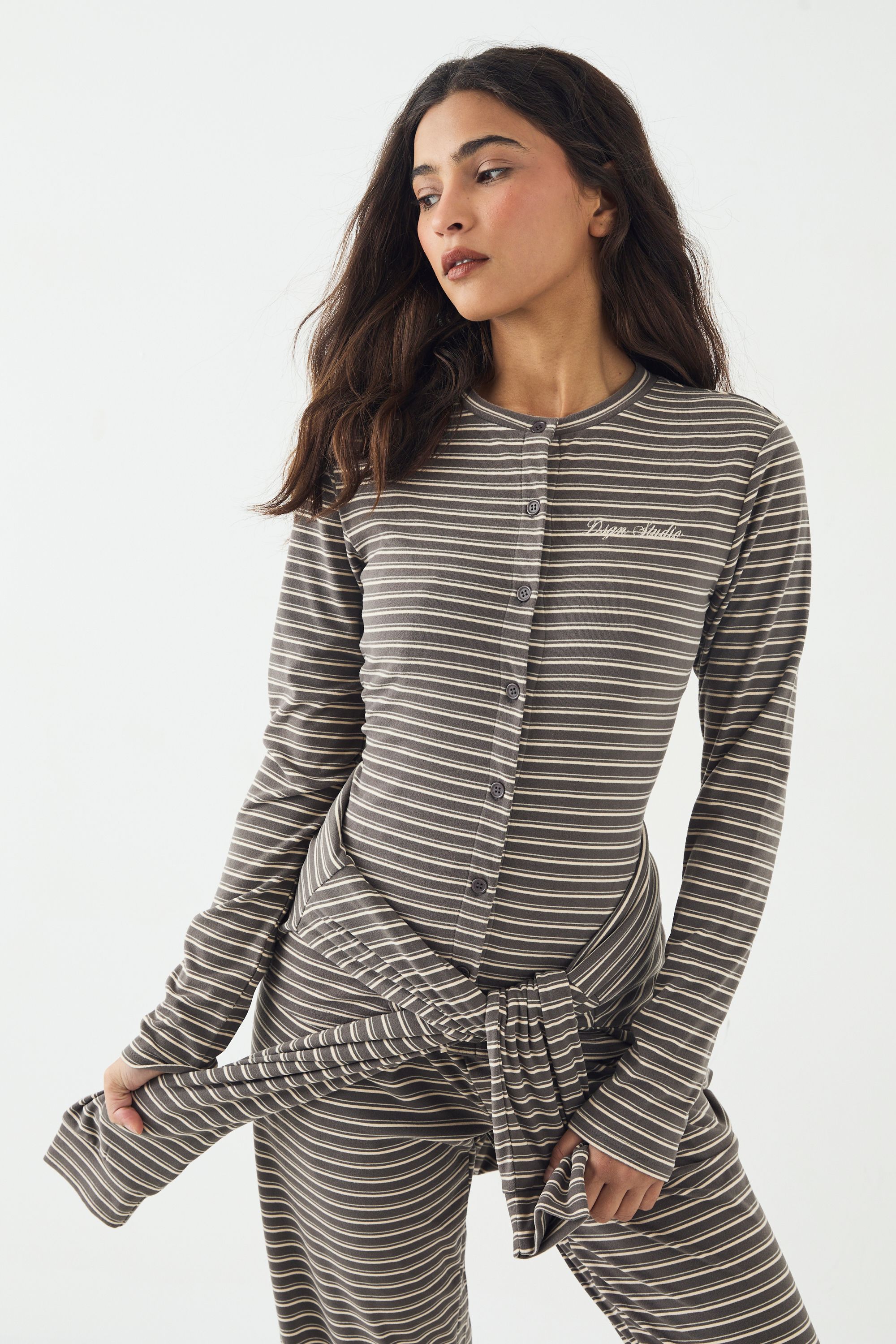 DSGN Studio DSGN Studio Stripe Button Through Long Sleeve Top Charcoal image 1