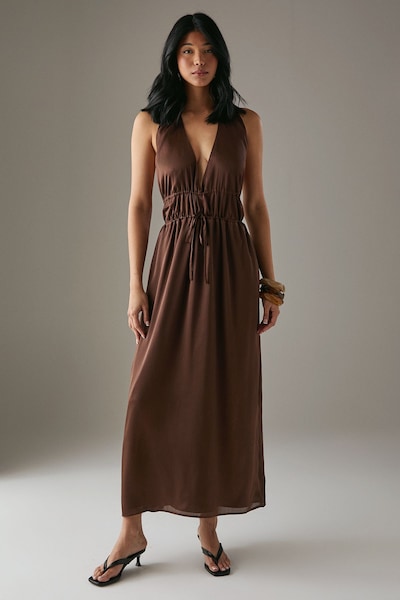 Warehouse Crinkle Satin Halter Drawstring Waist Bias Midi Dress Chocolate